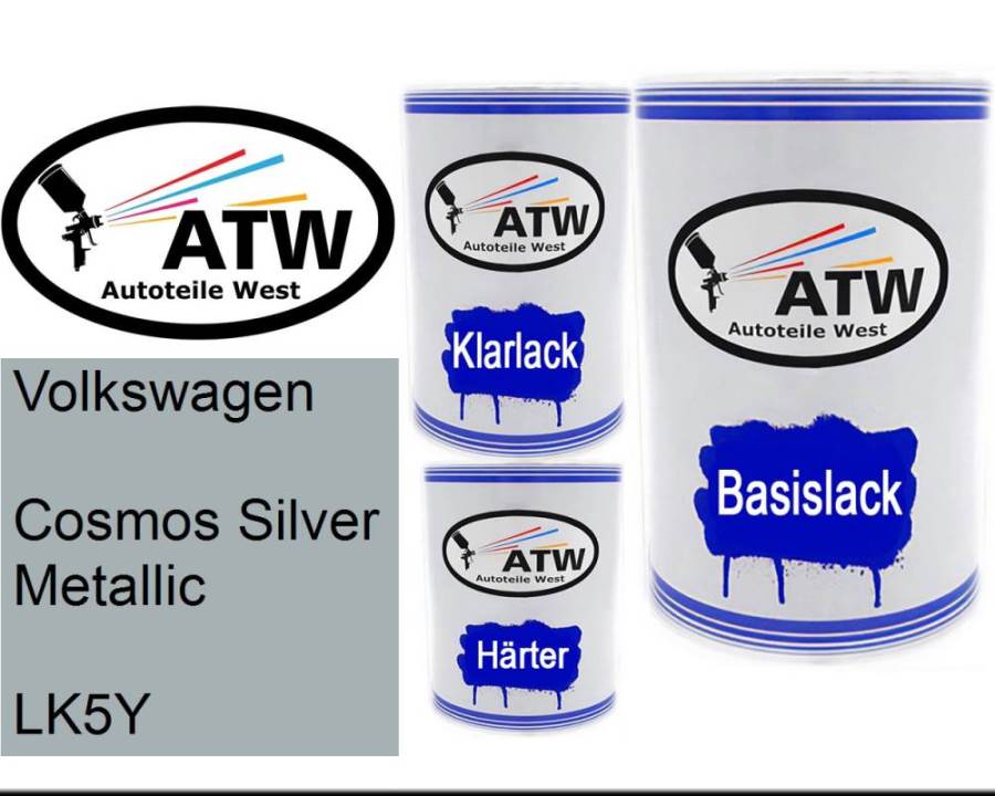 Volkswagen, Cosmos Silver Metallic, LK5Y: 500ml Lackdose + 500ml Klarlack + 250ml Härter - Set, von ATW Autoteile West.